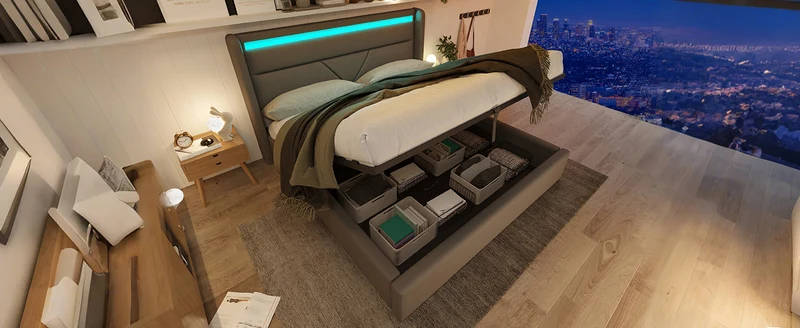Lit coffre hydraulique 140x200cm gris avec LED et télécommande, cadre de lit rembourré moderne