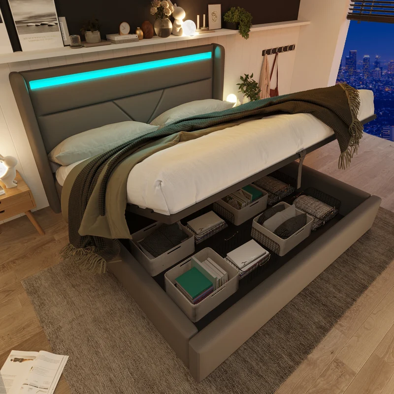 Lit coffre hydraulique 160x200cm gris avec LED et télécommande, cadre rembourré moderne