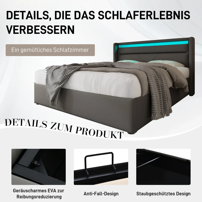 Lit coffre hydraulique 160x200cm gris avec LED et télécommande, cadre rembourré moderne