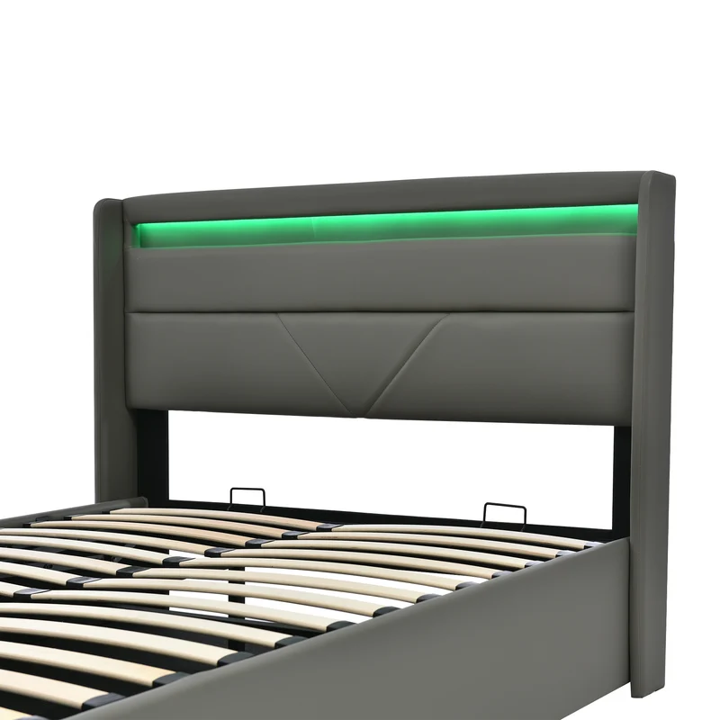 Lit coffre hydraulique 160x200cm gris avec LED et télécommande, cadre rembourré moderne