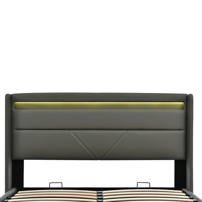 Lit coffre hydraulique 160x200cm gris avec LED et télécommande, cadre rembourré moderne