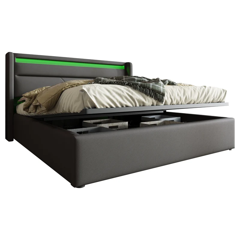 Lit coffre hydraulique 160x200cm gris avec LED et télécommande, cadre rembourré moderne