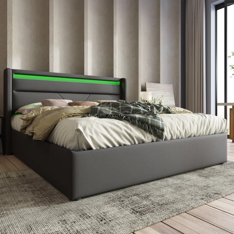 Lit coffre hydraulique 160x200cm gris avec LED et télécommande, cadre rembourré moderne