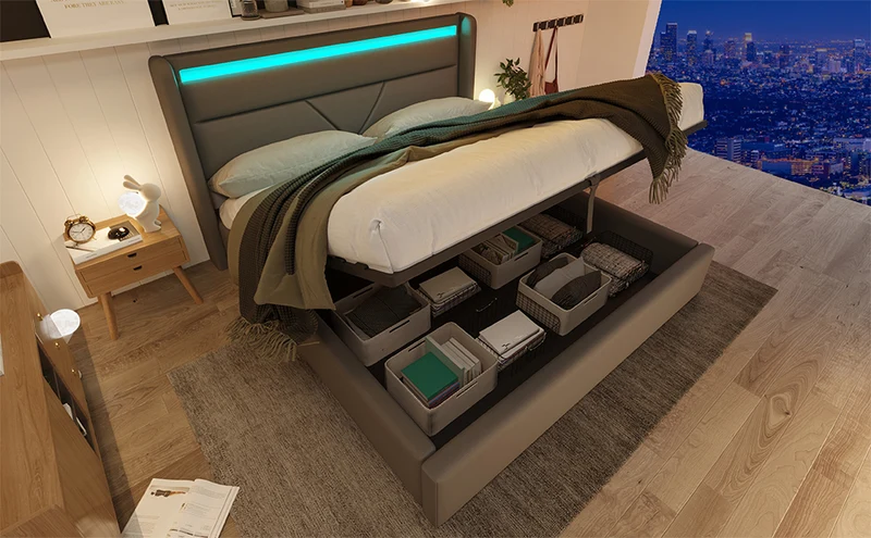 Lit coffre hydraulique 160x200cm gris avec LED et télécommande, cadre rembourré moderne