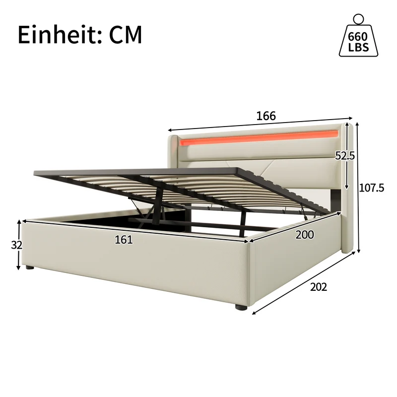 Lit coffre hydraulique 160x200cm blanc PU avec LED et télécommande, design moderne, grand espace de rangement