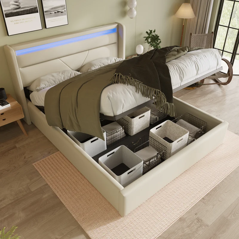 Lit coffre hydraulique 160x200cm blanc PU avec LED et télécommande, design moderne, grand espace de rangement