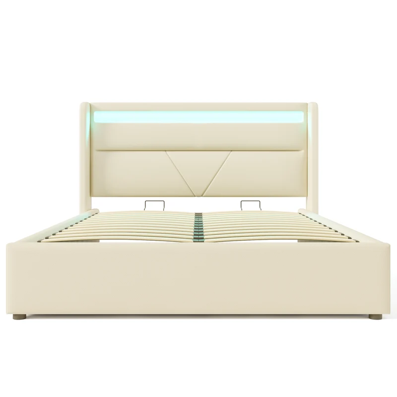 Lit coffre hydraulique 160x200cm blanc PU avec LED et télécommande, design moderne, grand espace de rangement
