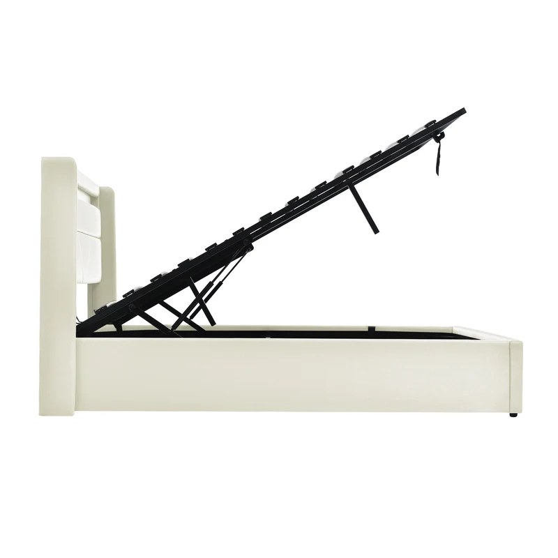 Lit coffre hydraulique 160x200cm blanc PU avec LED et télécommande, design moderne, grand espace de rangement