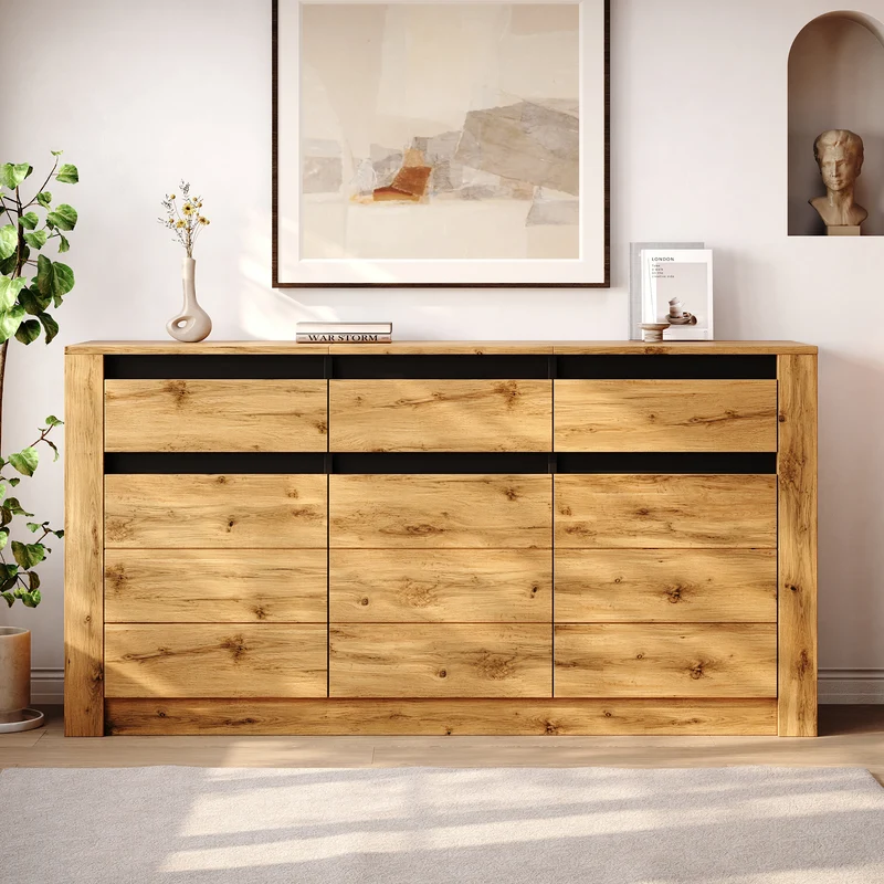 Buffet effet bois et noir 3 portes 3 tiroirs 135x35x70cm ITALIAN WALNUT MAX
