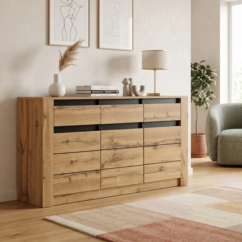 Buffet effet bois et noir 3 portes 3 tiroirs 135x35x70cm ITALIAN WALNUT MAX