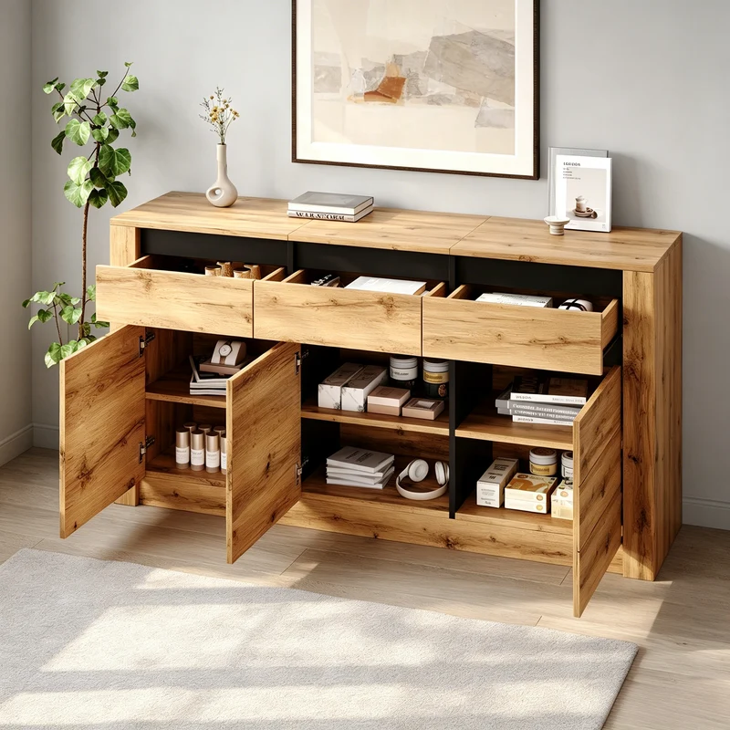 Buffet effet bois et noir 3 portes 3 tiroirs 135x35x70cm ITALIAN WALNUT MAX