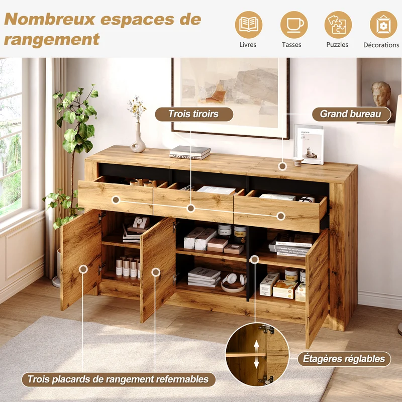 Buffet effet bois et noir 3 portes 3 tiroirs 135x35x70cm ITALIAN WALNUT MAX