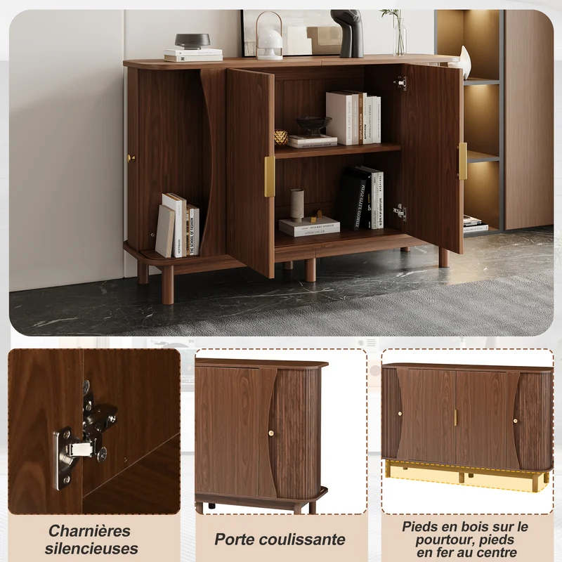 Buffet effet noyer 2 portes battantes et 2 portes coulissantes à lames verticales IRON TABLE