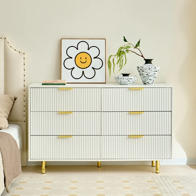 Buffet commode 6 tiroirs blanche accents dorés 120x40x72cm HALOICITY