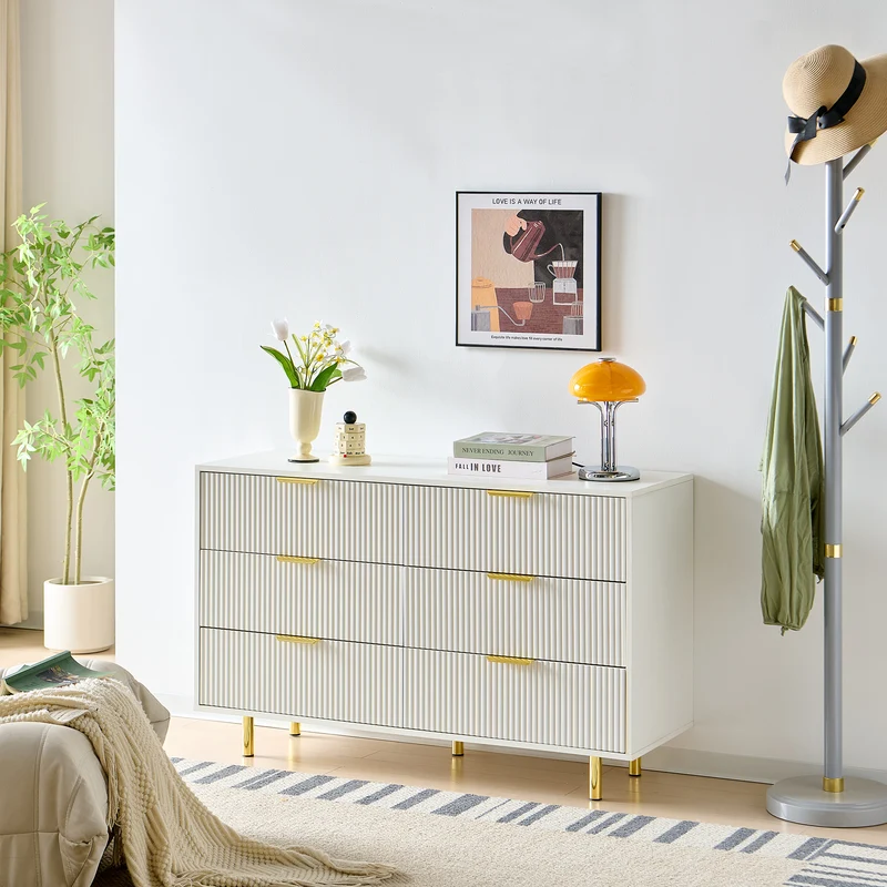 Buffet commode 6 tiroirs blanche accents dorés 120x40x72cm HALOICITY