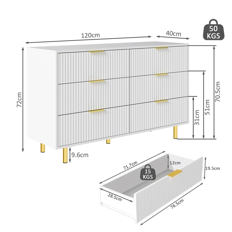 Buffet commode 6 tiroirs blanche accents dorés 120x40x72cm HALOICITY