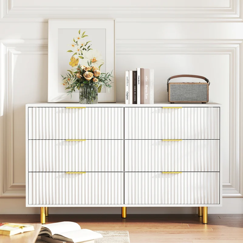Buffet commode 6 tiroirs blanche accents dorés 120x40x72cm HALOICITY