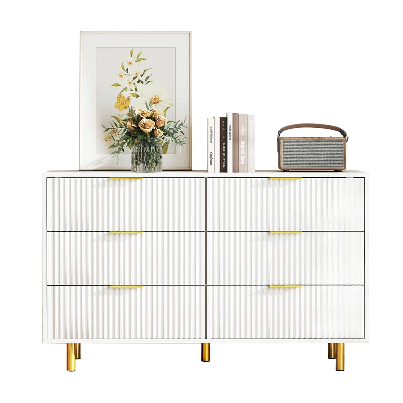Buffet commode 6 tiroirs blanche accents dorés 120x40x72cm HALOICITY