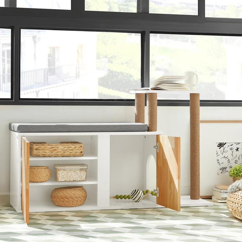 SoBuy FSR135-WN Banc à Litière pour Chat avec Griffoir, Meuble Litière Chat, Maison de Toilette Chat avec Deux Portes et Accès Latéral