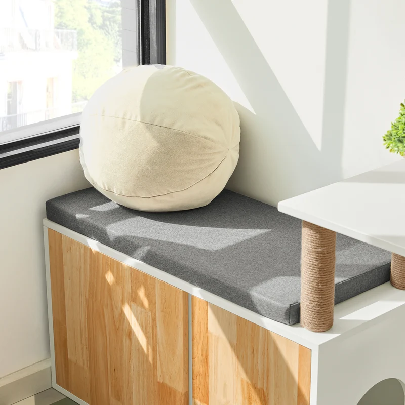 SoBuy FSR135-WN Banc à Litière pour Chat avec Griffoir, Meuble Litière Chat, Maison de Toilette Chat avec Deux Portes et Accès Latéral