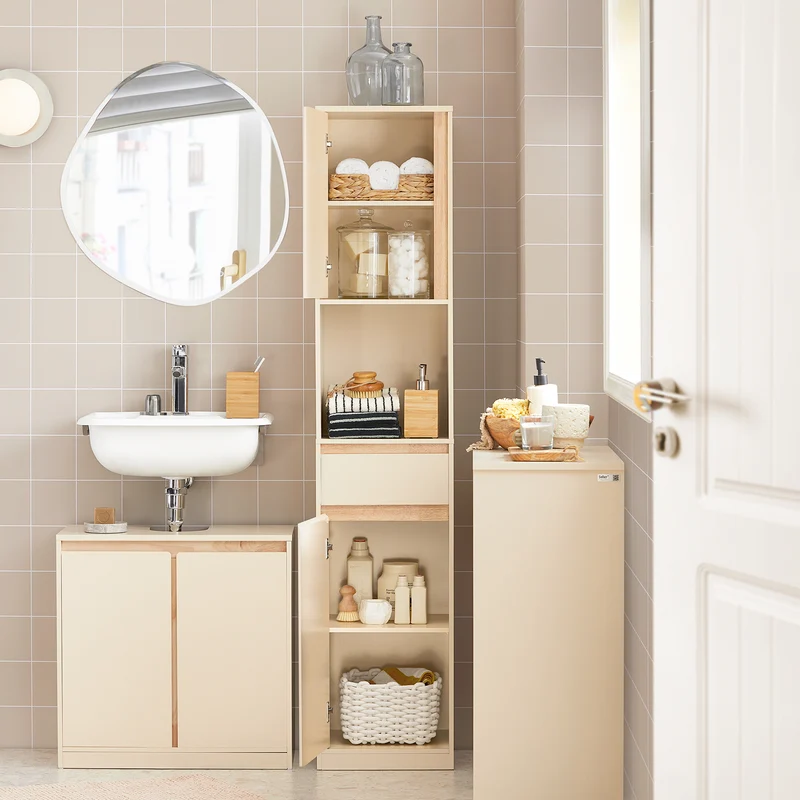 SoBuy BZR80-MI Meuble Colonne de Salle de Bain, Armoire Haute, Placard de Rangement avec 1 Compartiment Ouvert, 1 Tiroir et 2 Portes