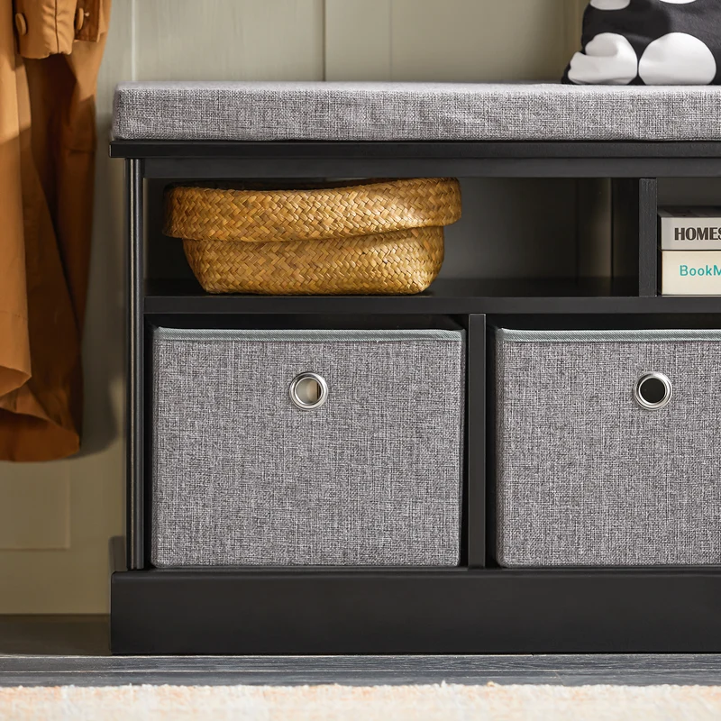 SoBuy FSR67-SCH Banc de Rangement avec Coussin Rembourré, 2 Compartiments et 3 Paniers