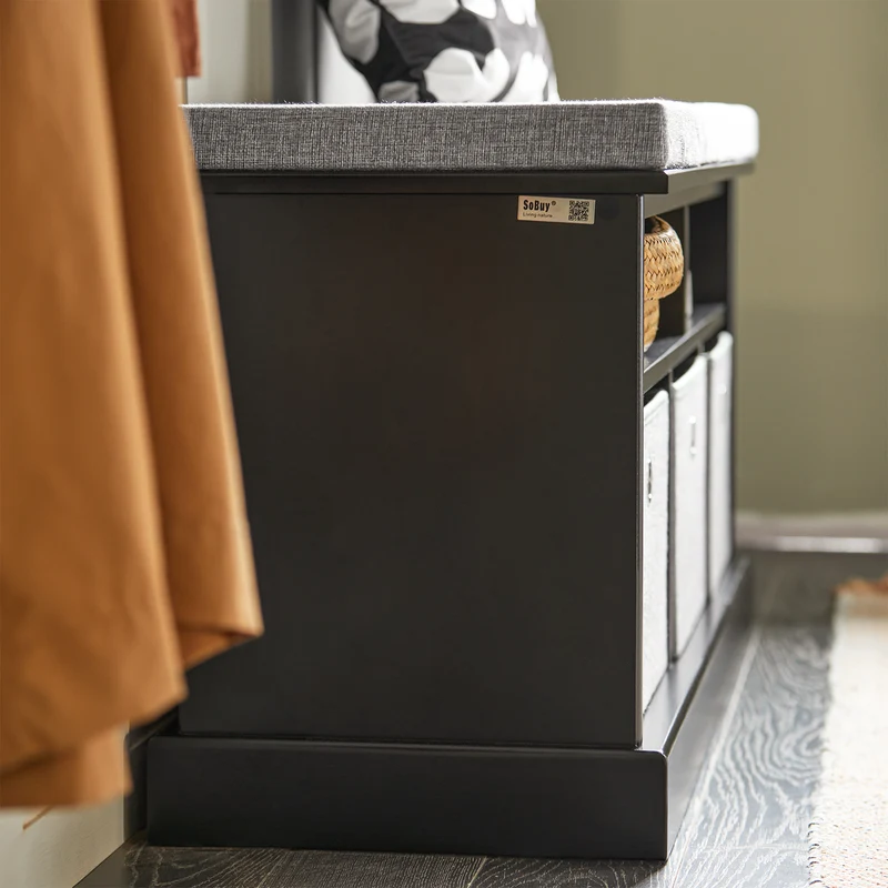 SoBuy FSR67-SCH Banc de Rangement avec Coussin Rembourré, 2 Compartiments et 3 Paniers