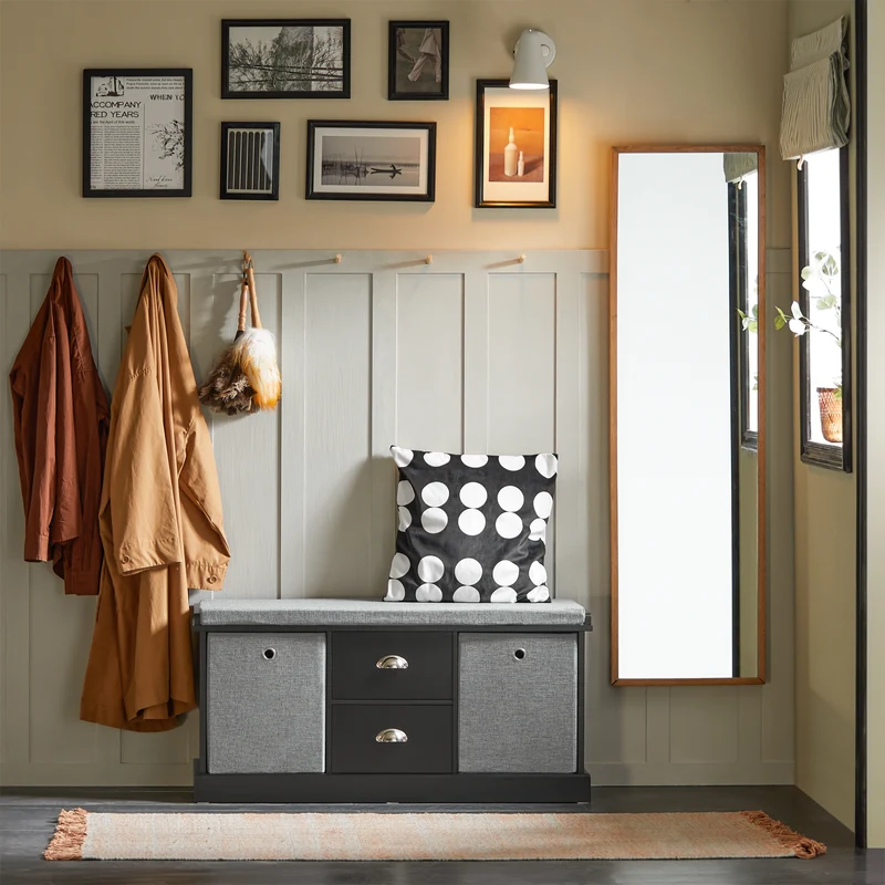 SoBuy FSR66-SCH Banc de Rangement avec Coussin Rembourré, 2 Tiroirs et 2 Paniers Meuble Bas Entrée Commode à Chaussure Banquette