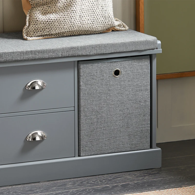 SoBuy FSR66-DG Banc de Rangement avec Coussin Rembourré, 2 Tiroirs et 2 Paniers Meuble Bas Entrée Commode à Chaussure Banquette Confortable