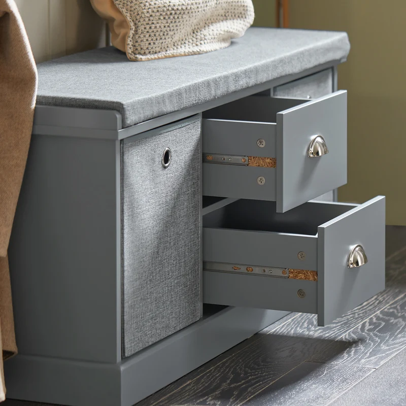 SoBuy FSR66-DG Banc de Rangement avec Coussin Rembourré, 2 Tiroirs et 2 Paniers Meuble Bas Entrée Commode à Chaussure Banquette Confortable