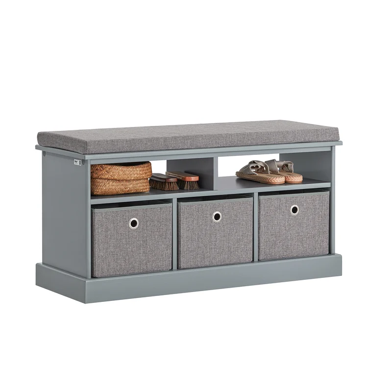 SoBuy FSR67-DG Banc de Rangement avec Coussin Rembourré, 2 Compartiments et 3 Paniers Meuble Bas Entrée