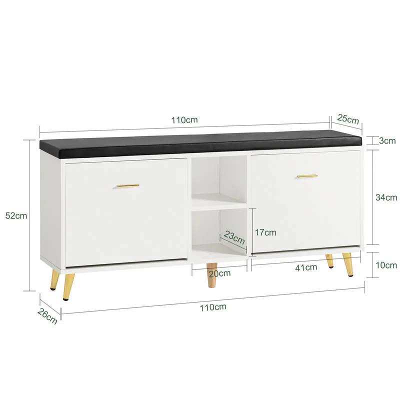 SoBuy FSR132-W Banc à Chaussures avec Coussin en PU, 2 Abattants et 2 Compartiments Ouverts, sur Pieds Dorés pour Entrée – 110x26x52 cm, Blanc