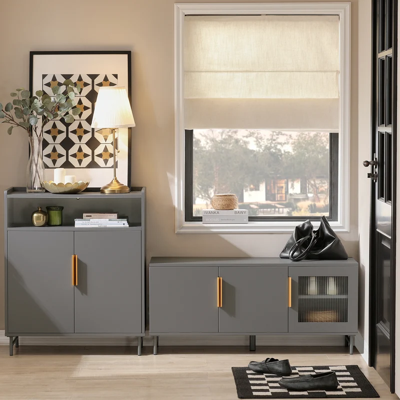 SoBuy FSR130-HG Banc à chaussures, Meuble Bas d'Entrée, Meuble TV, avec 3 Portes et Étagères Réglables