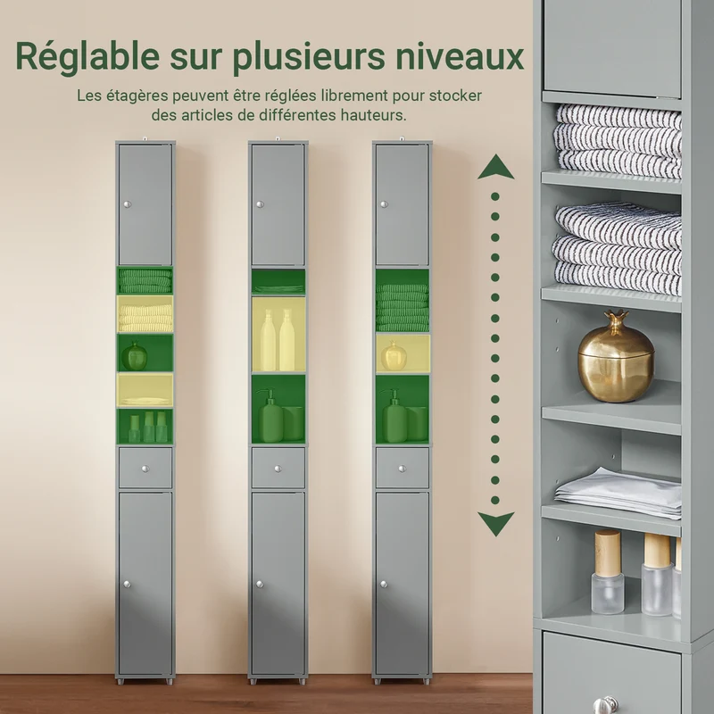 SoBuy BZR34-HG Meuble Colonne Armoire Haut de Salle de Bain avec 1 Tiroir, 2 Portes et 5 Compartiments