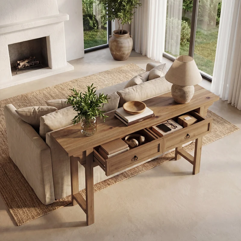 Tribesigns Console en bois massif de 160 cm avec 2 tiroirs, Table d'entrée étroite avec espace de rangement