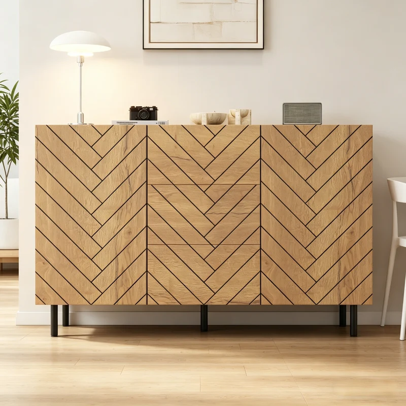 Buffet effet bois motif chevron 2 portes 3 tiroirs 120x40x76 cm ELEGANT TRAY SET