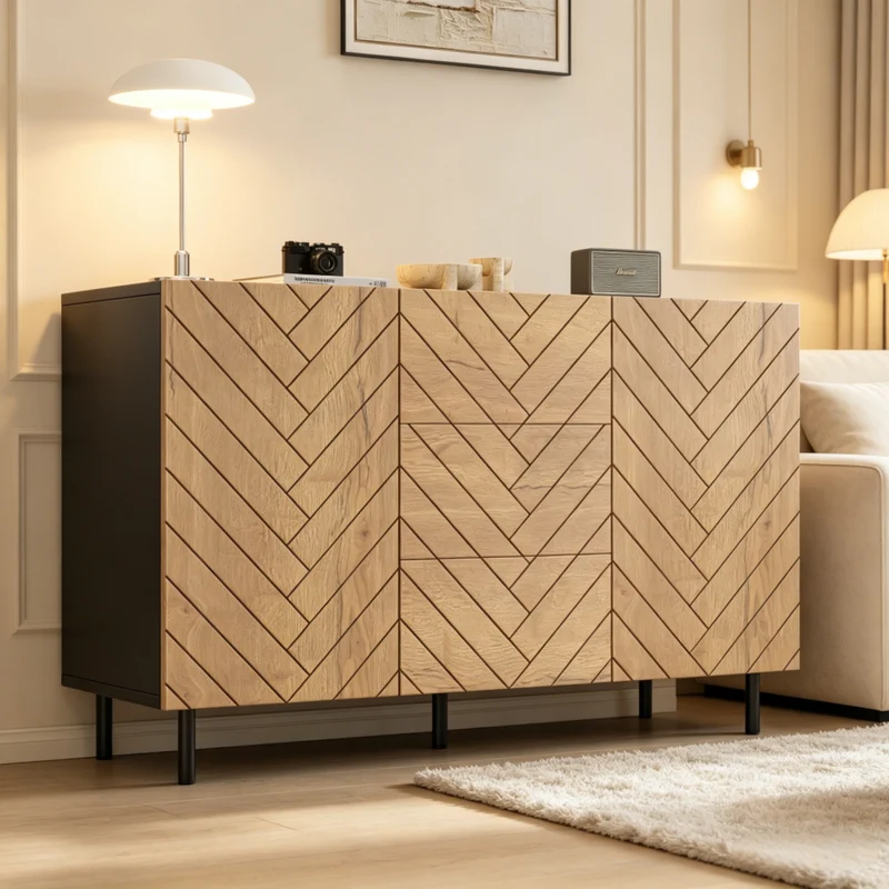 Buffet effet bois motif chevron 2 portes 3 tiroirs 120x40x76 cm ELEGANT TRAY SET