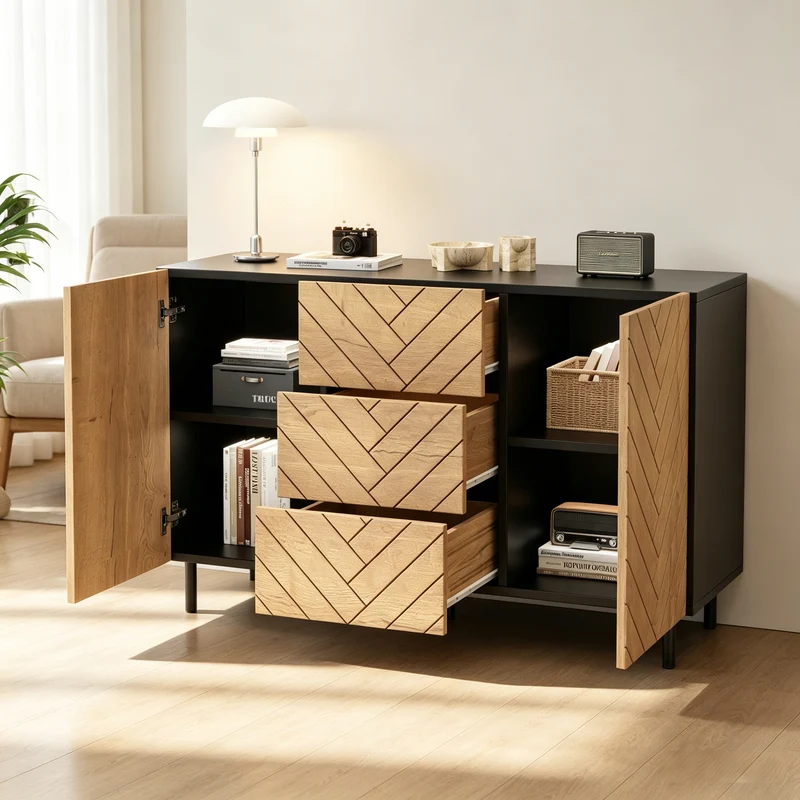 Buffet effet bois motif chevron 2 portes 3 tiroirs 120x40x76 cm ELEGANT TRAY SET