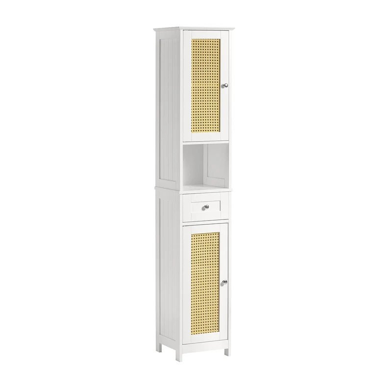 SoBuy BZR70-W Meuble Colonne, Armoire Haute, Placard, Meuble de Salle de Bain sur Pieds, ploy rotin