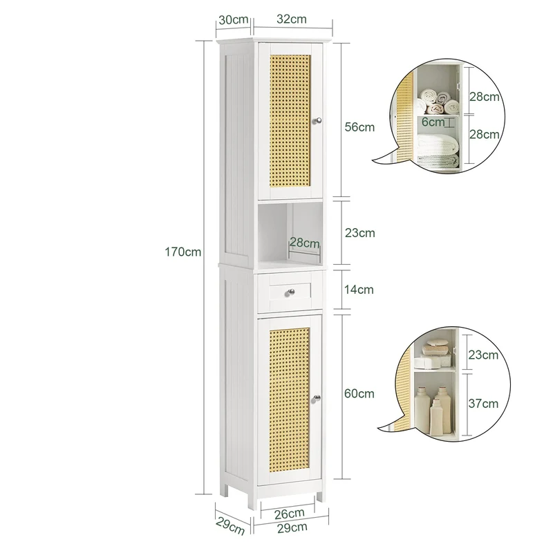 SoBuy BZR70-W Meuble Colonne, Armoire Haute, Placard, Meuble de Salle de Bain sur Pieds, ploy rotin