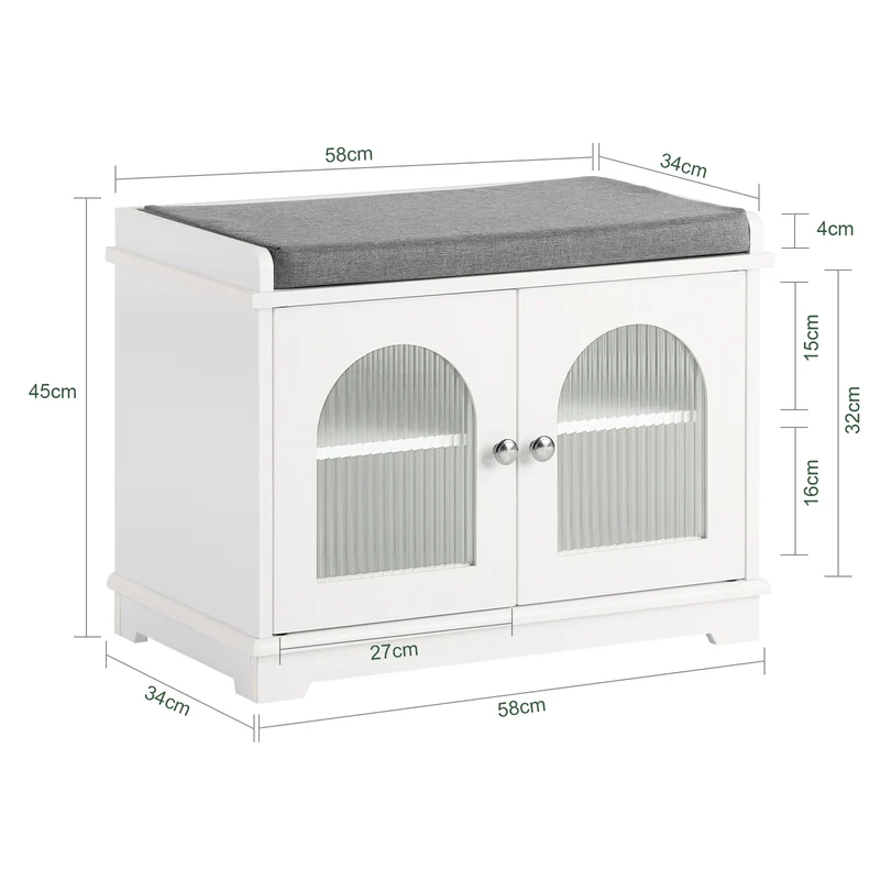 SoBuy FSR121-W Banc à Chaussures avec Coussin Rembourré, 2 Portes Vitrées et 4 Étagères pour Entrée – 60x35x45 cm, Blanc