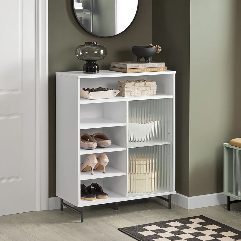 SoBuy FSB61-W Buffet Meuble de Rangement avec Porte Coulissante en Verre, Commode Multifonction pour Entrée Salon Cuisine – Blanc