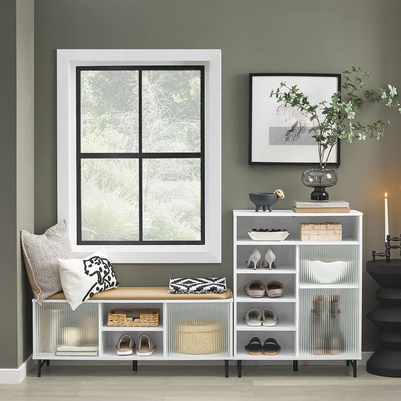 SoBuy FSB61-W Buffet Meuble de Rangement avec Porte Coulissante en Verre, Commode Multifonction pour Entrée Salon Cuisine – Blanc