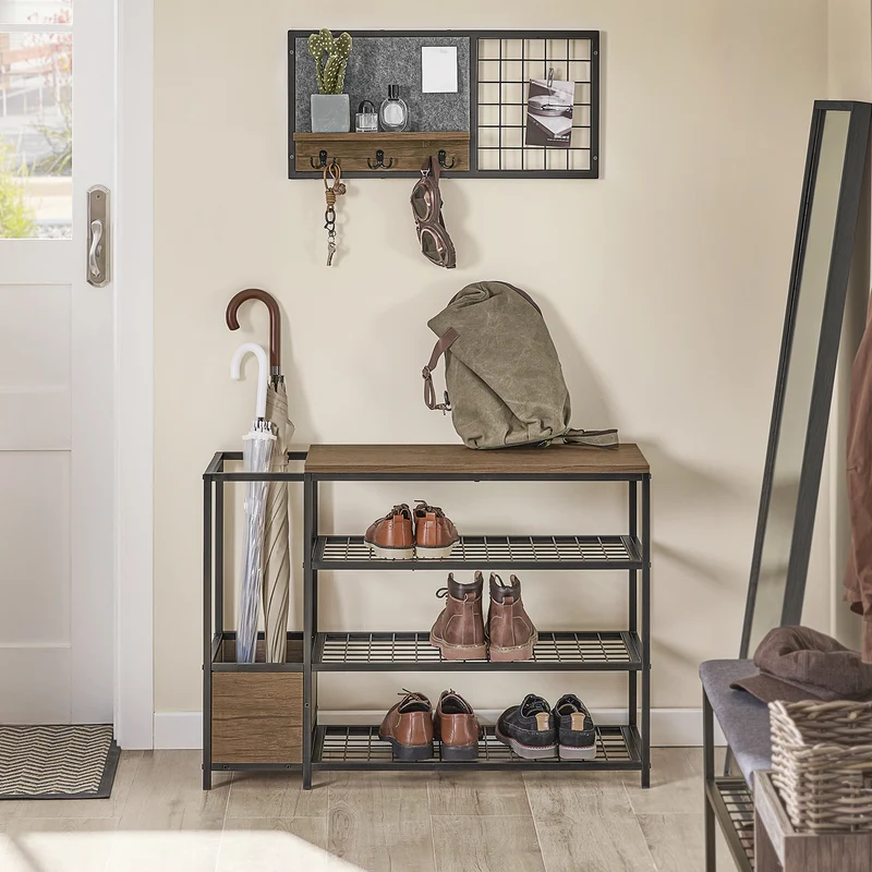 SoBuy FHK20-N Étagère Murale, Porte Manteau, Panneau Mural en Grille, avec Tableau Mémo en Feutre, 1 Tablette et 3 Crochets