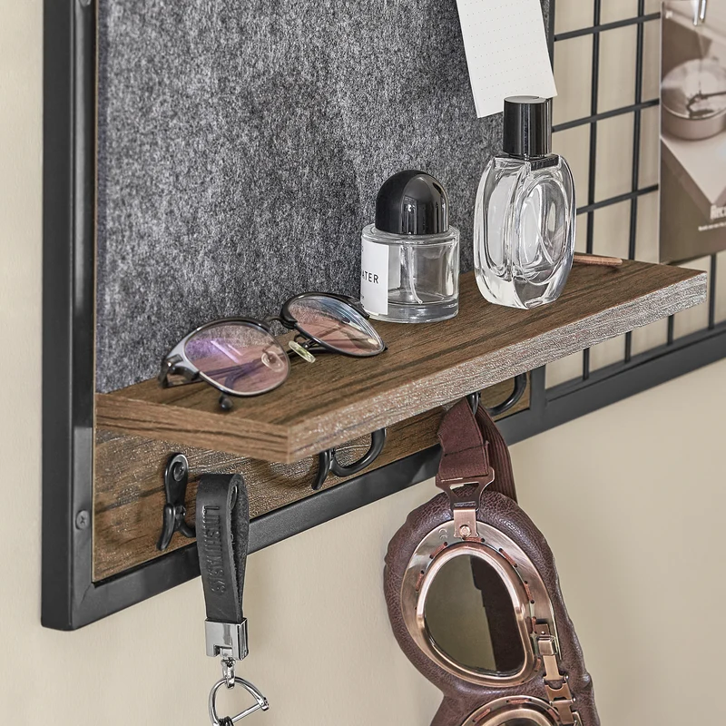 SoBuy FHK20-N Étagère Murale, Porte Manteau, Panneau Mural en Grille, avec Tableau Mémo en Feutre, 1 Tablette et 3 Crochets