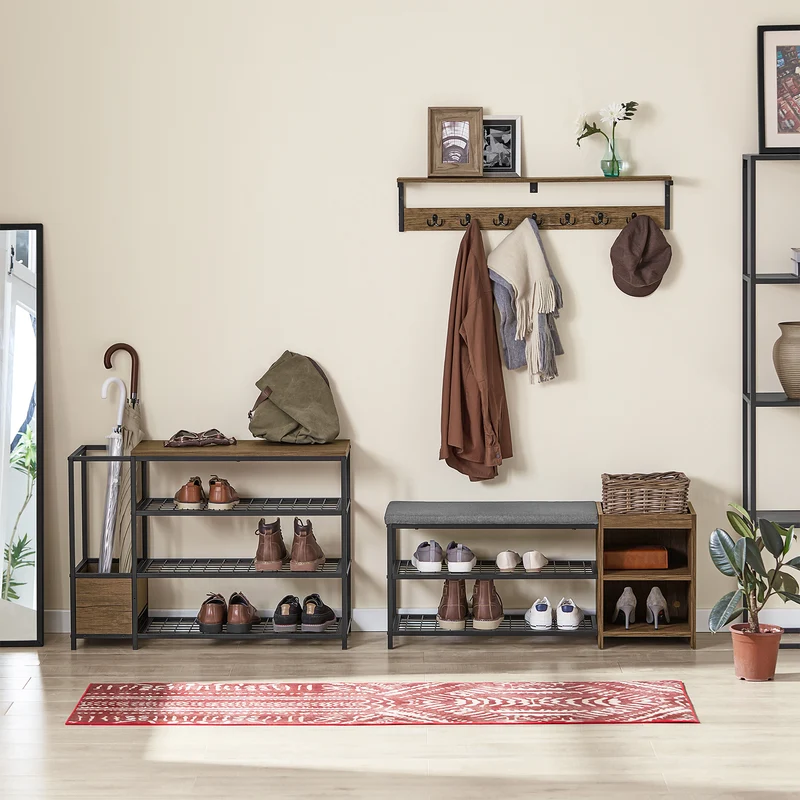 SoBuy FSR112-N Étagère à Chaussures 4 Niveaux, Meuble à Chaussures, Porte-Chaussures avec 3 Étagères, 1 Grand Dessus pour Sacs et 1 Porte-parapluie