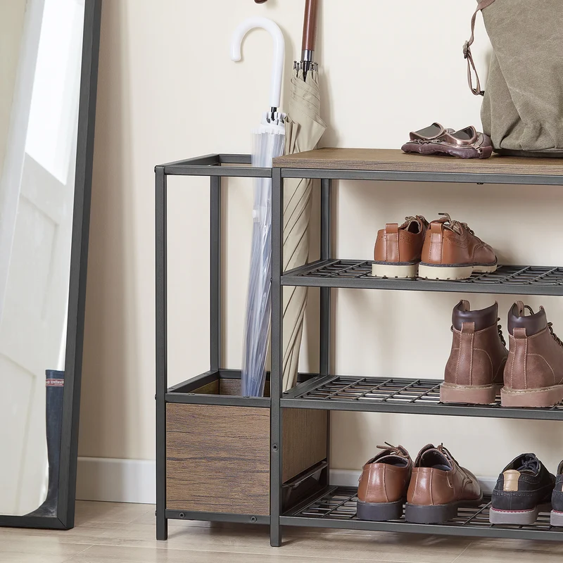 SoBuy FSR112-N Étagère à Chaussures 4 Niveaux, Meuble à Chaussures, Porte-Chaussures avec 3 Étagères, 1 Grand Dessus pour Sacs et 1 Porte-parapluie