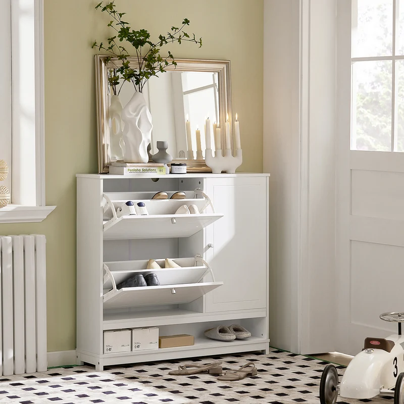 SoBuy FSR114-W Armoire à Chaussures 2 Abattants, 1 Porte et 1 Compartiment Ouvert pour Entrée Couloir – Blanc