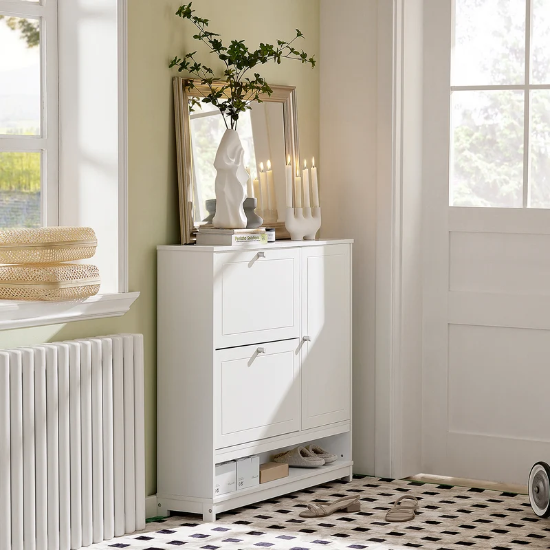 SoBuy FSR114-W Armoire à Chaussures 2 Abattants, 1 Porte et 1 Compartiment Ouvert pour Entrée Couloir – Blanc