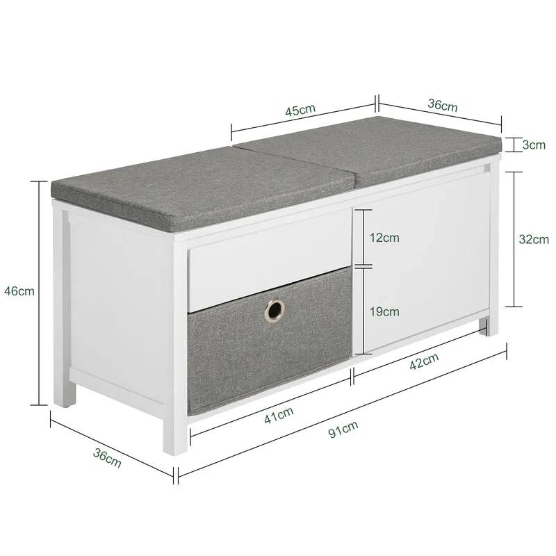 SoBuy FSR101-W Banc à Chaussures avec Coussin Rembourré, Tiroir, Panier, Porte et 2 Étagères pour Entrée – 91x36x46 cm, Blanc
